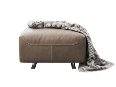 Ekoseli modern kahverengi deri kanepe. Beyaz arka planda örülmüş battaniyeli deri döşeme. Modern, Loft, İskandinav iç mimarisi. 3d hazırlayıcı