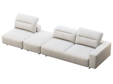 Ayarlanabilir arkası olan modern beyaz deri kanepe. Deri döşeme kanepesi ve beyaz arka planda sedir. Modern, Loft, İskandinav iç mimarisi. 3d hazırlayıcı