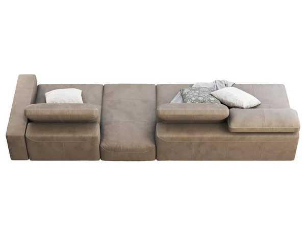 調節可能な背もたれとモダンな茶色の革のソファ 枕付きの革張りのソファと白い背景に再生されます モダン ロフト 北欧のインテリア 3Dレンダリング — ストック写真