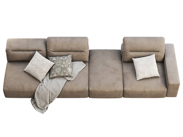 现代棕色皮沙发 靠背可调 皮革内饰沙发与枕头和白色背景的格子 斯堪的纳维亚内部 3D渲染 — 图库照片