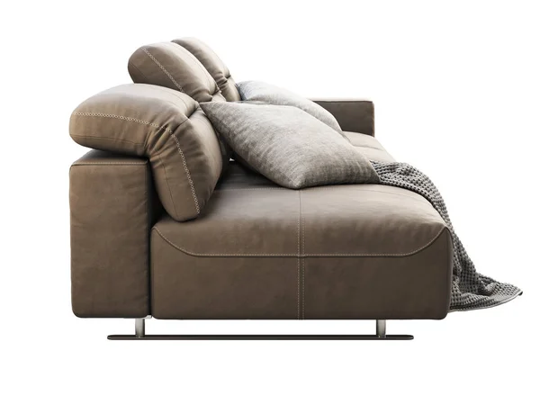 調節可能な背もたれとモダンな茶色の革のソファ 枕付きの革張りのソファと白い背景に再生されます モダン ロフト 北欧のインテリア 3Dレンダリング — ストック写真