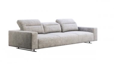 Gri kumaş kanepenin düzeltilebilir sırtı olan dairesel animasyonu. Beyaz arka planda tekstil döşeme koltuğu. Modern, Loft, İskandinav iç mimarisi. Dönüştürülebilir 3d oluşturucu