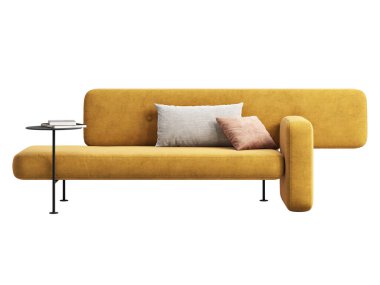 Yastıklı ve kitaplı modern sarı kumaş modüler kanepe. Beyaz arka planda sehpası olan tekstil döşeme kanepesi. Modern, Loft, İskandinav iç mimarisi. 3d hazırlayıcı