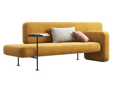 Yastıklı ve kitaplı modern sarı kumaş modüler kanepe. Beyaz arka planda sehpası olan tekstil döşeme kanepesi. Modern, Loft, İskandinav iç mimarisi. 3d hazırlayıcı