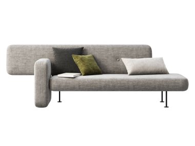 Yastıklı ve kitaplı modern gri kumaş modüler kanepe. Beyaz arka planda dekoru olan tekstil döşeme koltuğu. Modern, Loft, İskandinav iç mimarisi. 3d hazırlayıcı