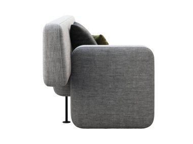 Yastıklı ve kitaplı modern gri kumaş modüler kanepe. Beyaz arka planda dekoru olan tekstil döşeme koltuğu. Modern, Loft, İskandinav iç mimarisi. 3d hazırlayıcı