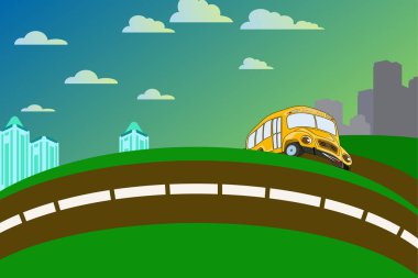 Vektör illüstrasyon Eski okul otobüsü okula hurries. Şehrin arka planında.