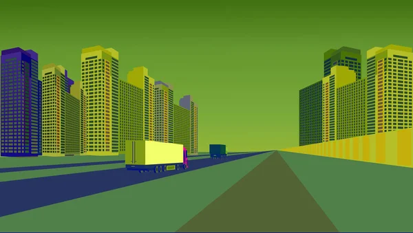 Ciudad Moderna Rascacielos Cerca Carretera Green Una Ciudad Moderna Para — Vector de stock