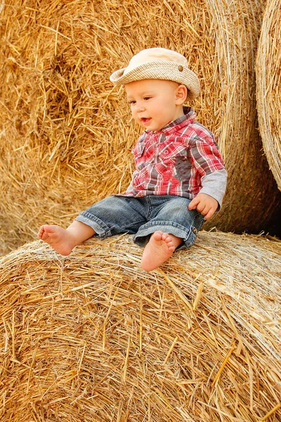 Niño Feliz Campo Con Cosecha Fardos Otoño — Foto de Stock