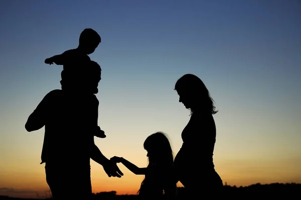 Silhouette Einer Glücklichen Schwangeren Familie Mit Kindern — Stockfoto