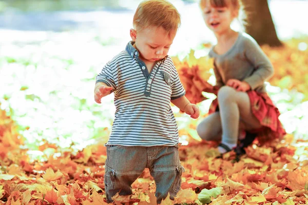 Criança feliz brincando em um parque no outono ao ar livre — Fotografia de Stock