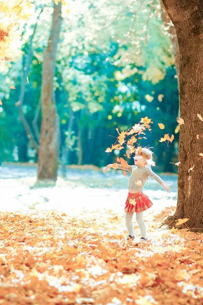 Šťastné dítě hraje v parku na podzim venku — Stock fotografie