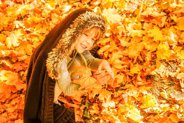 Fröhliches Kind spielt im Herbst im Park im Freien — Stockfoto