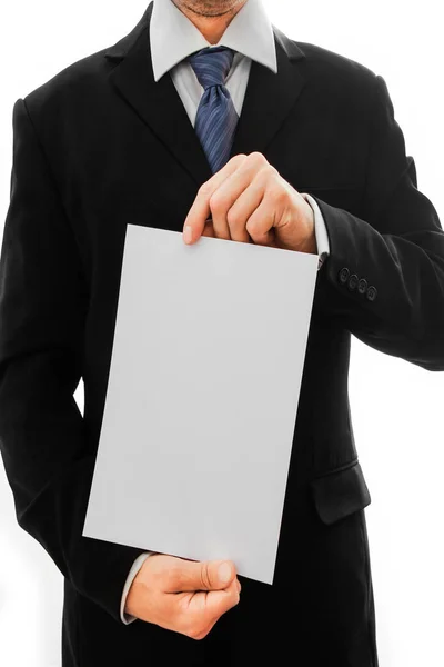 Man advertising on a white background — Stock Photo, Image