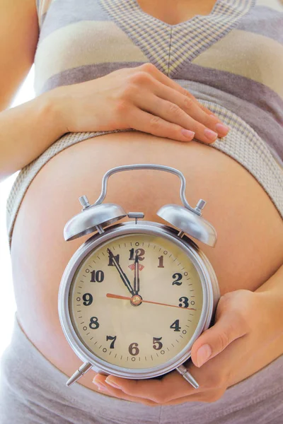 Beautiful young pregnant girl on a white background with alarm c — Stock Photo, Image