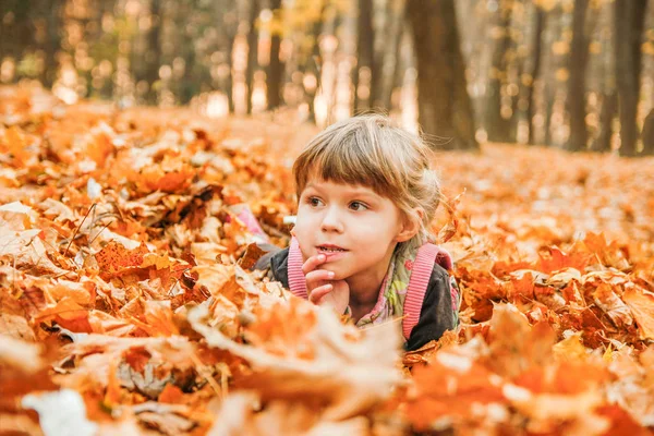 Niño feliz jugando en las hojas de otoño en la naturaleza —  Fotos de Stock