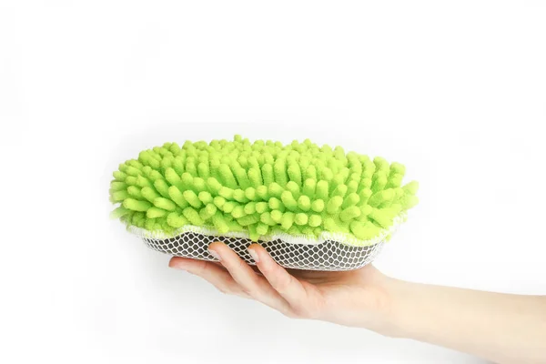 Stylish sponge in hand on a white background for cars — Stock Photo, Image