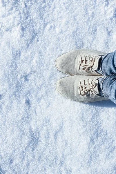 Sapatos elegantes belas pernas na neve no inverno em um bac parque — Fotografia de Stock
