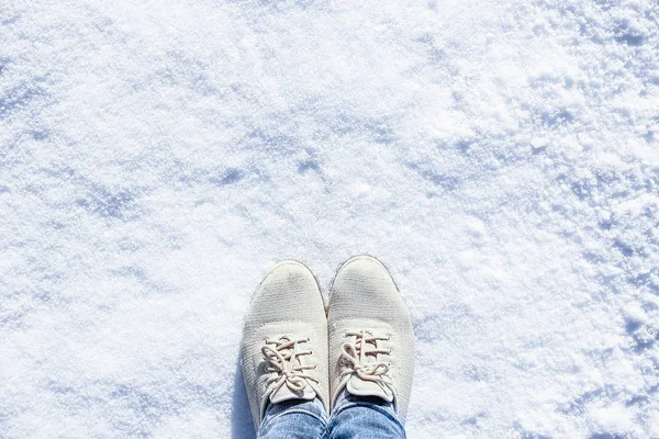 Stylish shoes beautiful legs in the snow in winter in a park bac — Stock Photo, Image