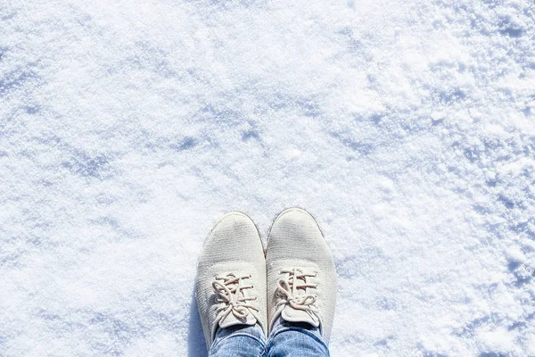 Sapatos elegantes belas pernas na neve no inverno em um bac parque — Fotografia de Stock