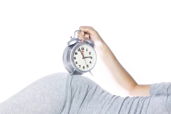 Happy pregnant girl lies on white background — Stock Photo, Image