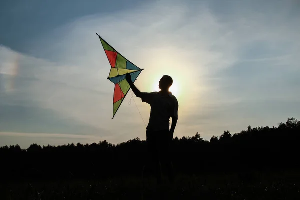 Glad liten kille spelar på naturen siluett bakgrund — Stockfoto