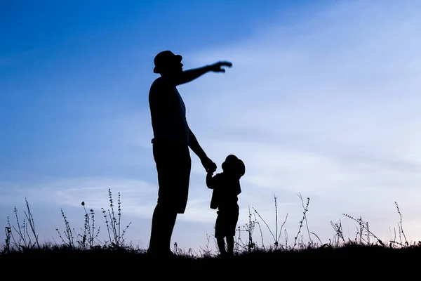 Happy parent with children playing on nature summer silhouette — Stock Photo, Image