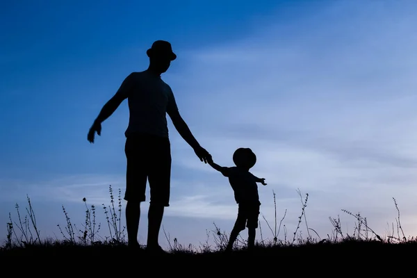 Glückliche Eltern mit Kindern spielen auf Natur Sommer Silhouette — Stockfoto