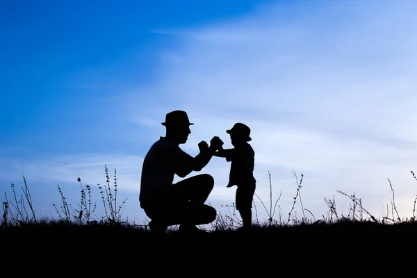 Parent heureux avec des enfants jouant sur la nature silhouette d'été — Photo