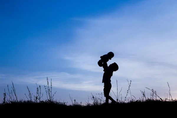 Bambini felici che giocano sulla silhouette estiva della natura — Foto Stock