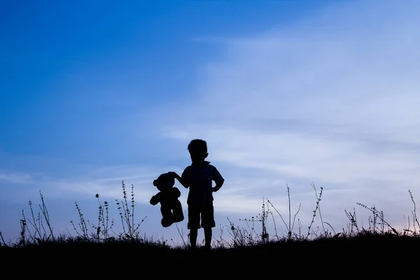 Bambini felici che giocano sulla silhouette estiva della natura — Foto Stock