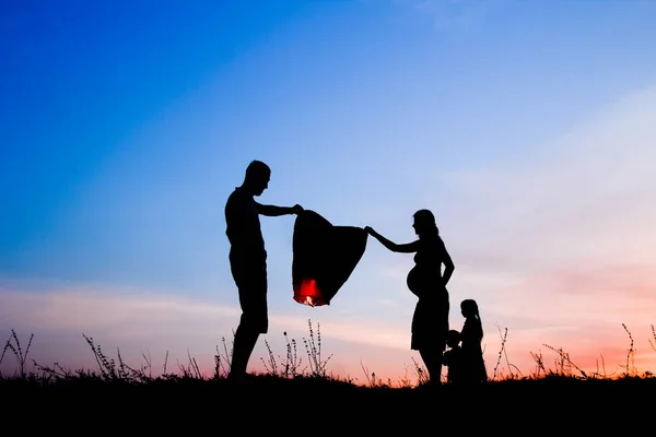 Familia feliz jugando en la silueta de verano naturaleza — Foto de Stock