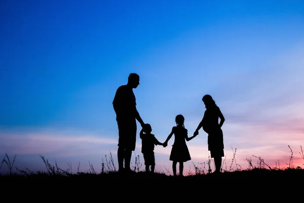 Família feliz jogando na natureza silhueta de verão — Fotografia de Stock