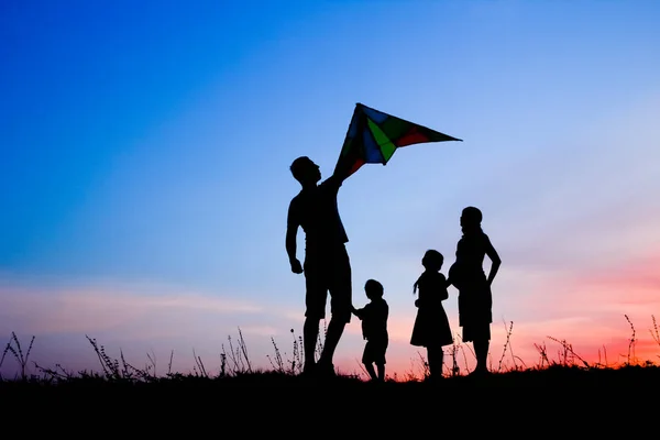 Gelukkig gezin spelen op de natuur zomer silhouet — Stockfoto