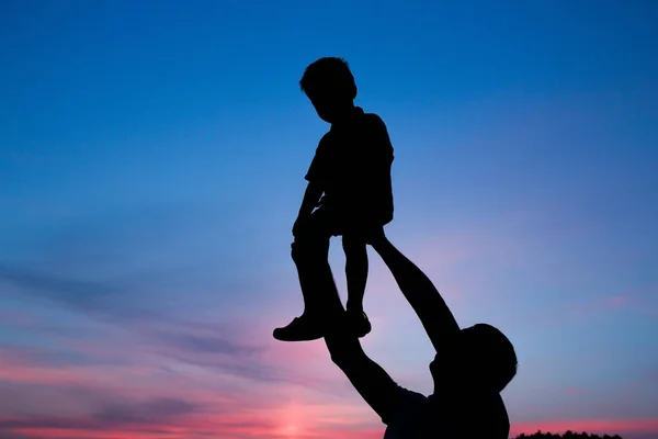 Genitore felice con bambini che giocano sulla silhouette estiva della natura — Foto Stock