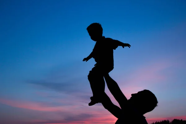 Genitore felice con bambini che giocano sulla silhouette estiva della natura — Foto Stock