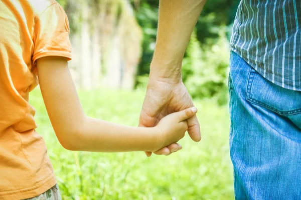 Hermosas manos de un niño y un padre en un parque en la naturaleza —  Fotos de Stock