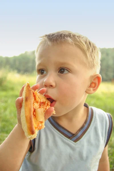 Το παιδί τρώει μια νόστιμη πίτσα για τη φύση του χόρτου σε το par — Φωτογραφία Αρχείου