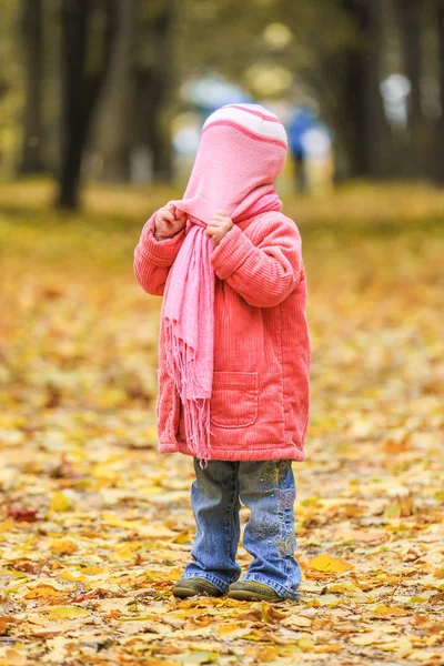 Красива маленька дівчинка грає восени на природі в — стокове фото