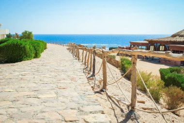 Deniz arka planda parkta güzel bir basamak yolu