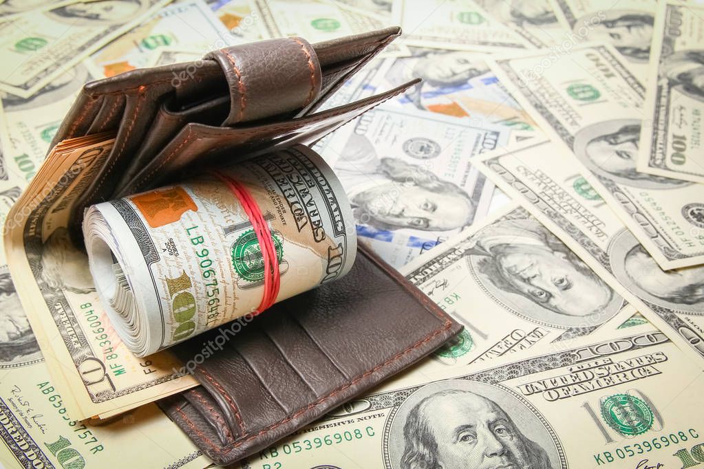 Money dollars in purse on money background