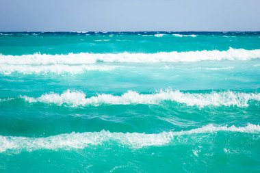 Arka planda dalgalar olan güzel bir sahil.