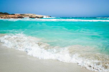 Arka planda dalgalar olan güzel bir sahil.