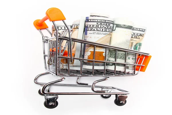 Business dollar money in metal basket on a white background — Stock Photo, Image