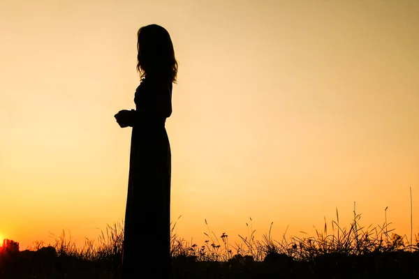 Beautiful girl silhouette on nature in the park — Stock Photo, Image