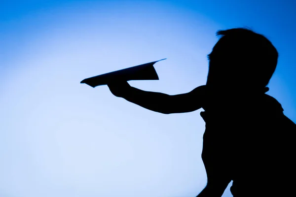 Glückliches Kind mit Flugnummernsilhouette in der Natur — Stockfoto