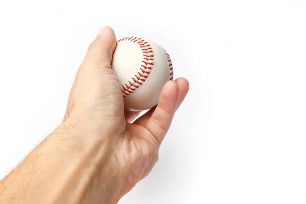 Beyaz arka planda bir beysbol topunun ellerinde güzel. — Stok fotoğraf