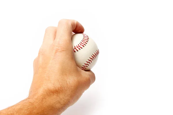 Hermosa en las manos de una pelota de béisbol sobre un fondo blanco myach — Foto de Stock