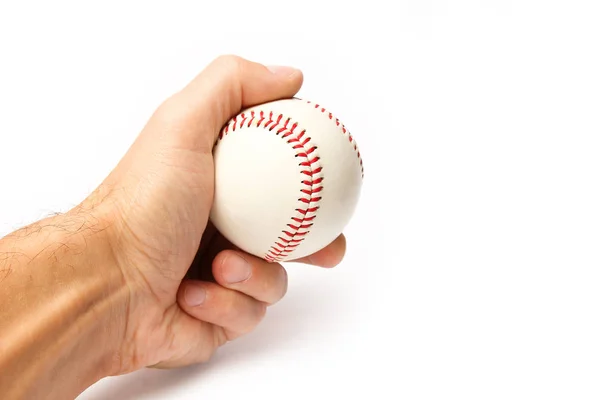 Bonito nas mãos de uma bola de beisebol em um fundo branco myach — Fotografia de Stock