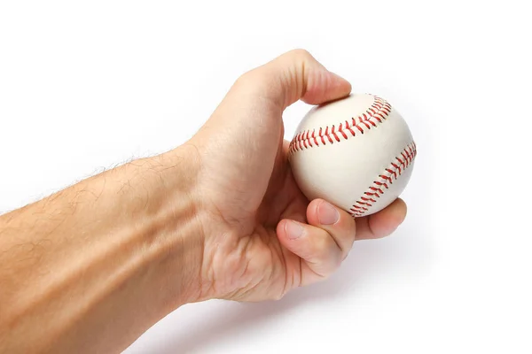 Bonito nas mãos de uma bola de beisebol em um fundo branco myach — Fotografia de Stock